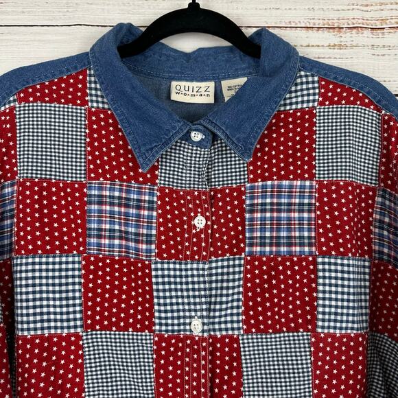Womens VTG Quizz Red White Blue USA Plaid Patchwork Denim SS Button Up Blouse 24 - Picture 3 of 6